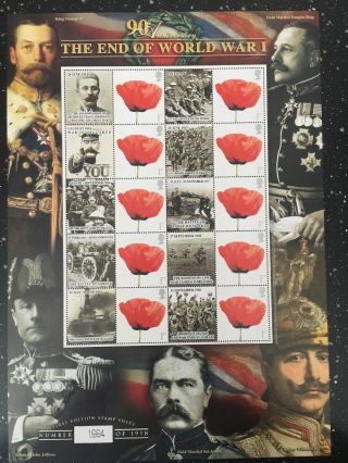 90th Anniversary Of The End Of World War 1.  Only 1918 Sheets Printed