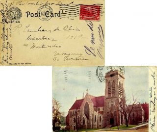 2c Jamestown 1907 Omaha,  Nebr.  Ppc (trinity Cathedral,  Omaha,  Neb. ) To Montevide