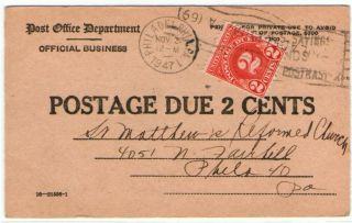 1947 Philadelphia Pa Us 2c Postage Due Single Use Address Change Official 3547