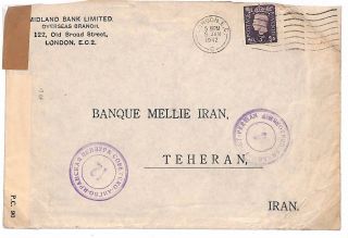 S222 1942 Middle East Ww2 Gb Mail Twice Censored Teheran Banking Kgvi Cover
