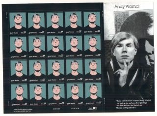 Us 3652 Andy Warhol,  37¢ Sheet Of 20 Self Adhesive,  Vf
