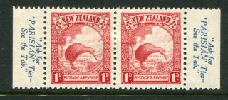 Zealand 1935 1d Bird From Booklet Pane Mh Pair