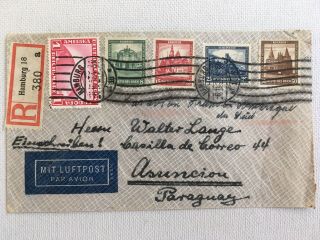 1931 Reg Hamburg Germany Cover To Paraguay W/ Zeppelin Polar Flight Stamp A8