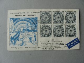 Australia,  Cover Fdc To Germany 1954,  Block Of 6 Antarctic Region,  Map