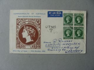 Australia,  Cover Fdc To Germany 1955,  Block Of 4 100th Ann.  Stamps