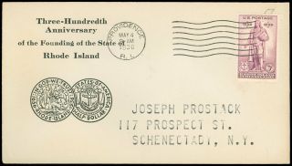 May 4 1936,  Providence Ri Cds,  A.  C.  Roessler,  Tercentennary,  Sc 777,  Unlisted