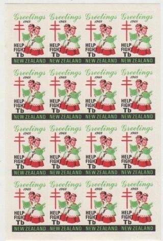 Zealand Help Fight Tuberculosis 1968 Christmas Seals Sheet Of 16,  Muh