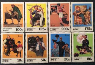 World Stamps Zaire 1981 Set 8 Norman Rockwell Paintings Stamps (b5 - 1e)