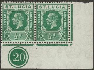 St Lucia 1921 Kgv ½d Green Plate No 20 Corner Margin Pair Sg91