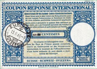 Switzerland 60 On 50 Centimes International Reply Coupon