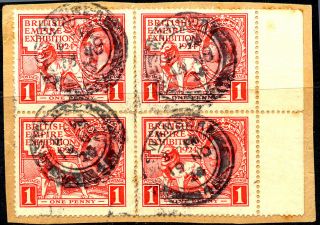 Gb Geo V 1d 1924 Wembley In Block Of 4 On Piece