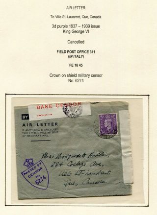 Uk Gb - Forces In Italy 1945 Military Censor Air Letter - Sent To Quebec Canada