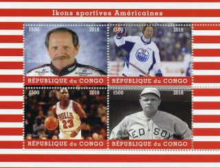 Congo 2018 Cto Michael Jordan Babe Ruth 4v M/s Ii Baseball Ice Hockey Stamps