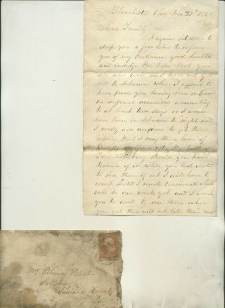 1862 Letter From James Hart Blanchester Ohio To Rebecca Hart Saltsburg Pa