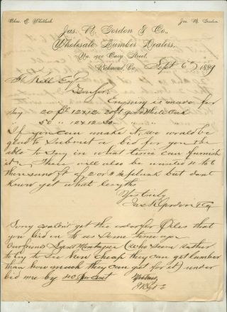 1889 James R Gordon & Company Lumber Dealers Richmond Va Letter/letterhead