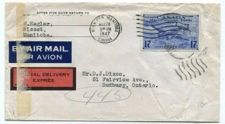 Canada Mb Manitoba - Winnipeg 1947 - Airmail Special Delivery Cover To Sudbury