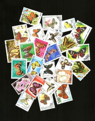 25 Thematic Postal Stamps.  Butterflies Cto