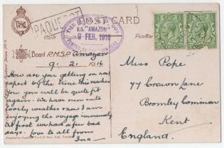 Maritime Postmark On Postcard R.  M.  S.  P S.  S.  Amazon Paquebot Posted On Board 1916