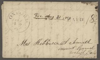 1839 Us Stampless Folded Letter W/black Oxford O.  Pmk To Mount Carmel,  Il