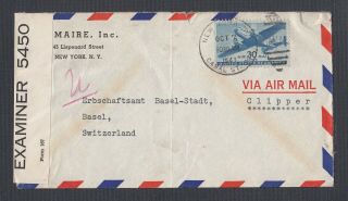 Usa 1941 Wwii Censored Airmail Cover York Canal Station To Basel Switzerland