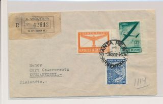 Lk80899 Argentina To Finland 1952 Registered Airmail Cover