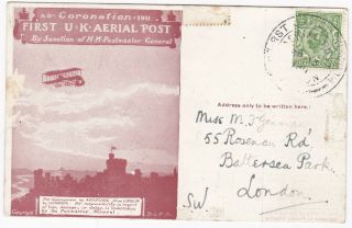 1911 First Uk Aerial Post London Miss M Genman Battersea Park Special Postmark