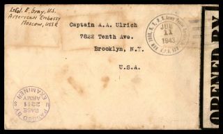 Apo 523 Censored Moscow American Embassy Wwii Russia 1943 Cover To Usa July 11
