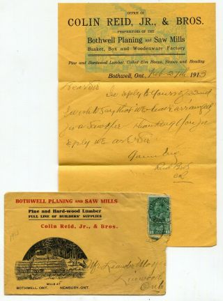 Canada Ont Ontario - Bothwell 1913 Saw Mill - Advertising Cover W/ Letter -
