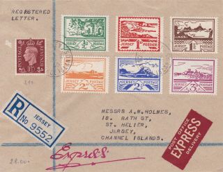 Jersey 1945 (feb) Local Registered Express Cover,  Views Set & Gb 1½d