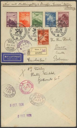 Austria 1938 - Registered Air Mail Cover To Bolivia 36068/7