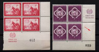 United Nations York,  Scott 1 & 3 Set Of 2 Plate Blocks With Control Numbers