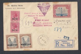 Usa Bahamas 1930 Mixed Franking Registered First Flight Cover Nassau To Mexico