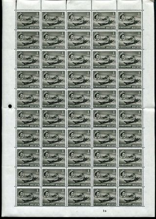 1955/59 Singapore Gb Qeii 50 X 1c Stamps In Complete Sheet Mnh U/m,  Varieties