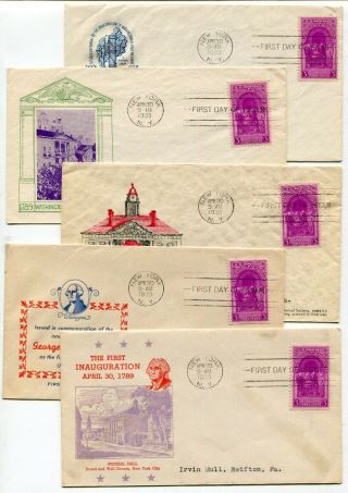 Usa 1939 George Washington Inauguration Annv - 5 Different Cachet Fdc Covers