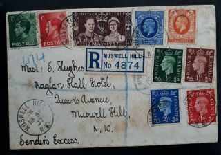 Rare 1937 Great Britain Registd Cover Ties 9 Stamps Canc Muswell Hill