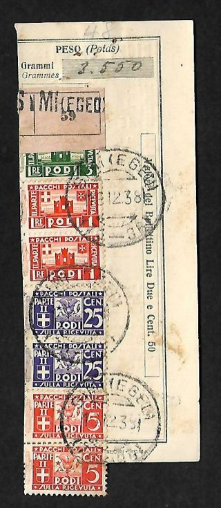 Italy,  Greece,  Dodecanese:1938 Receipt With Rodi Parcel Stamps & Symi (egeo) Pmk