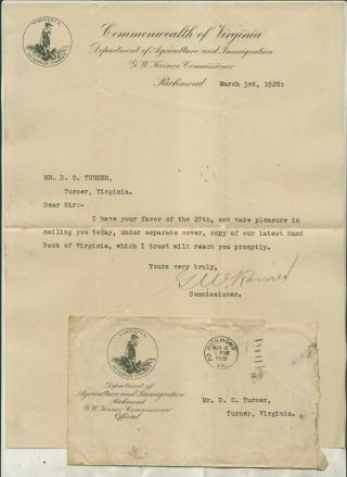 1920 Commonwealth Virginia Dept Agriculture & Immigration Richmond Va Letter Cvr
