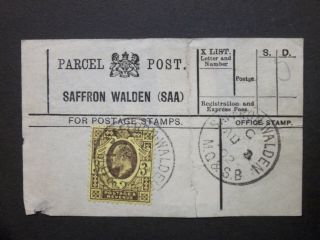 Gb Essex 1902 Parcel Post Label " Saffron Walden (saa) " Kevii 3d