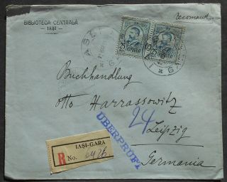 Romania 1915 Cover Sent From Iasi - Gara To Germany Franked W/ 25 Bani Pair
