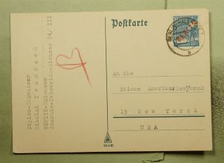 Dr Who 1949 Germany Berlin Ovpt Postcard To Usa E45054