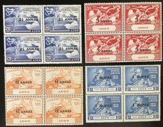 Aden - 1949 75th Anniversary Of Upu,  Set Of 4 Stamps In Blocks Of 4,  Mnh