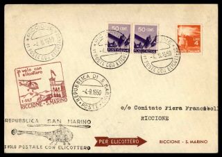Italy Riccione To San Marino 1950 Helicopter First Flight Cover Per Elicottero