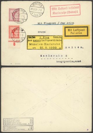Germany 1929 - Air Mail Cover Munich To Karlsruhe 34828/3