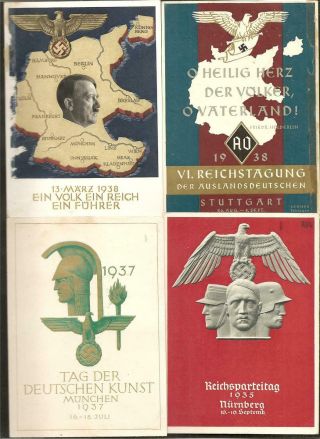 Germany - 3rd Reich - 4 Heraldic Color Post Cards W/pictorial/slogan Cancels