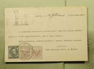 Dr Who 1930 Italy Padova Postcard To Rome Postage Due? Revenue Pair E55520