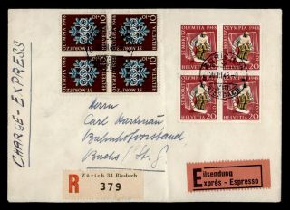 Dr Who 1948 Switzerland Zurich Registered Special Delivery Olympic Block E54771
