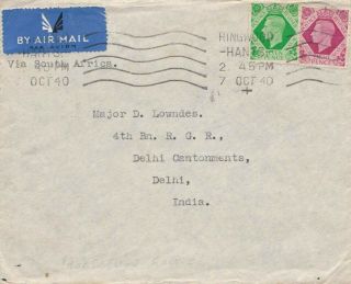 Gb 1940 Wwii Horseshoe Air Mail Route Cover To Army India Via South Africa 59
