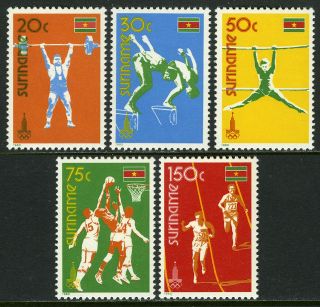 Surinam 552 - 556,  Mi 905 - 909,  Mnh.  Olympics,  Moscow.  Diving,  Runners,  Basketball,  1980
