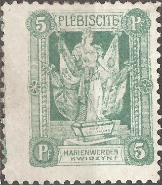 Mh 1920 Marienwerder Kwidzyn Stamp 5 Pfg.  German Empire Plebiscite Green