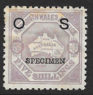 South Wales 1890 - 91 5/ - Lilac Official With Specimen Overprint Sg O49s